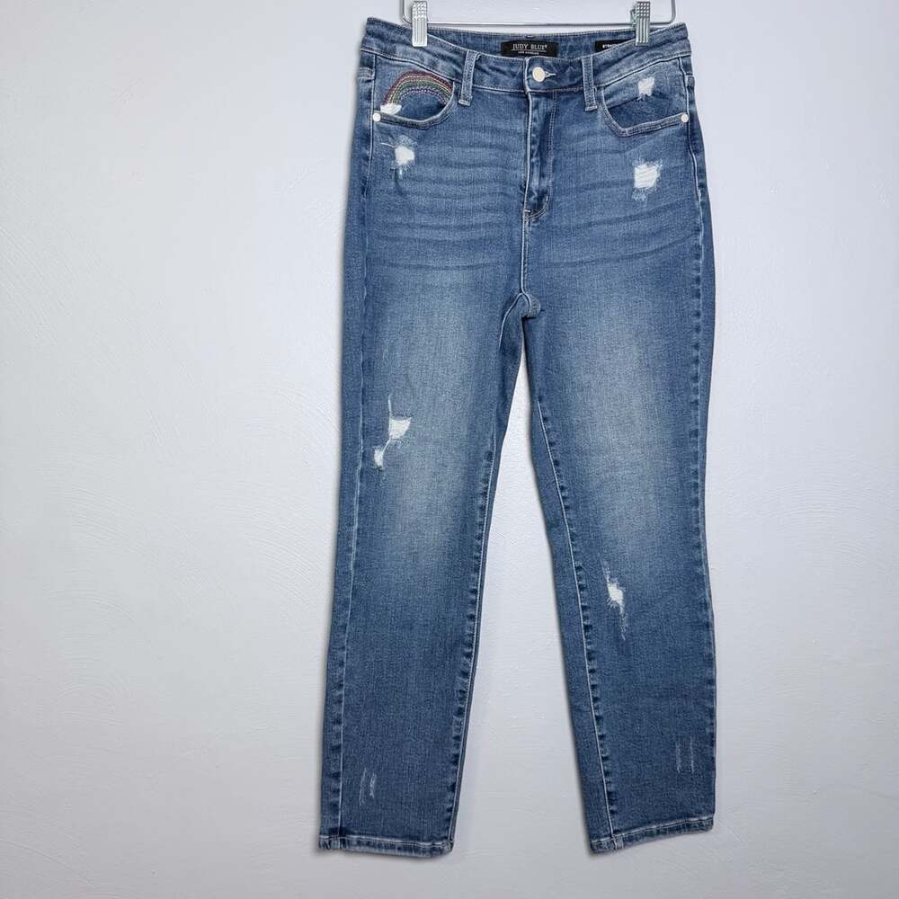 Judy Blue Distressed Straight Leg Jeans Size 9/29 Blue rainbow pocket